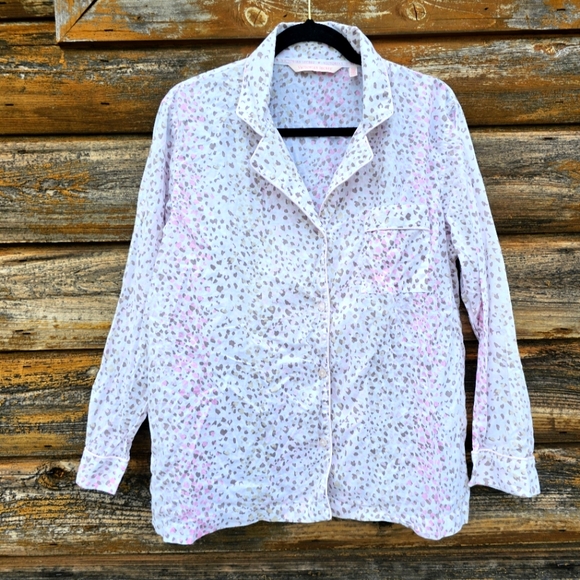 Victoria's Secret Pajama Button Up Top Leopard Cheetah Print Ivory Pink & Beige - Picture 2 of 11